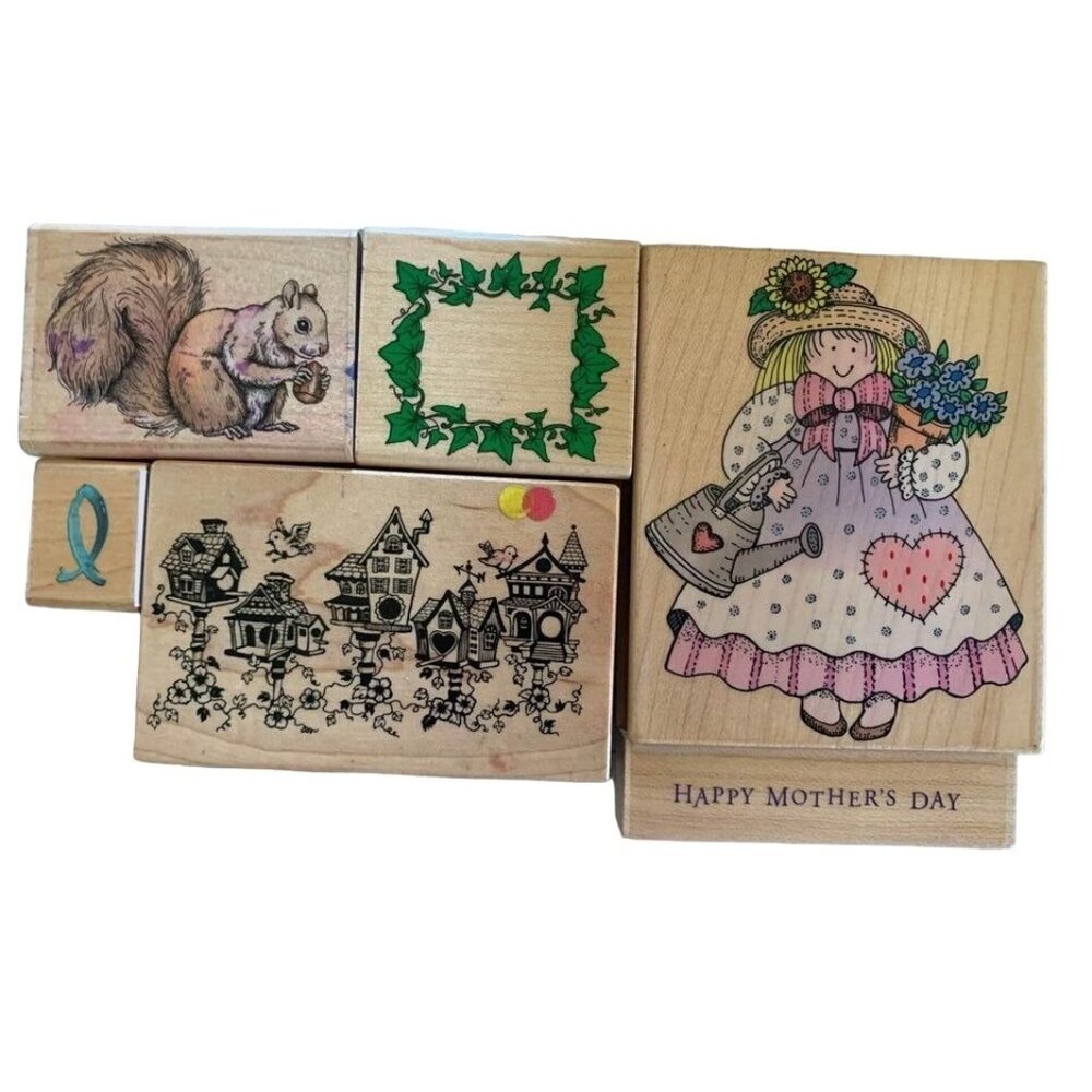 Set Vintage Wood Rubber Stamps Various Designs Crafting Mothers Day